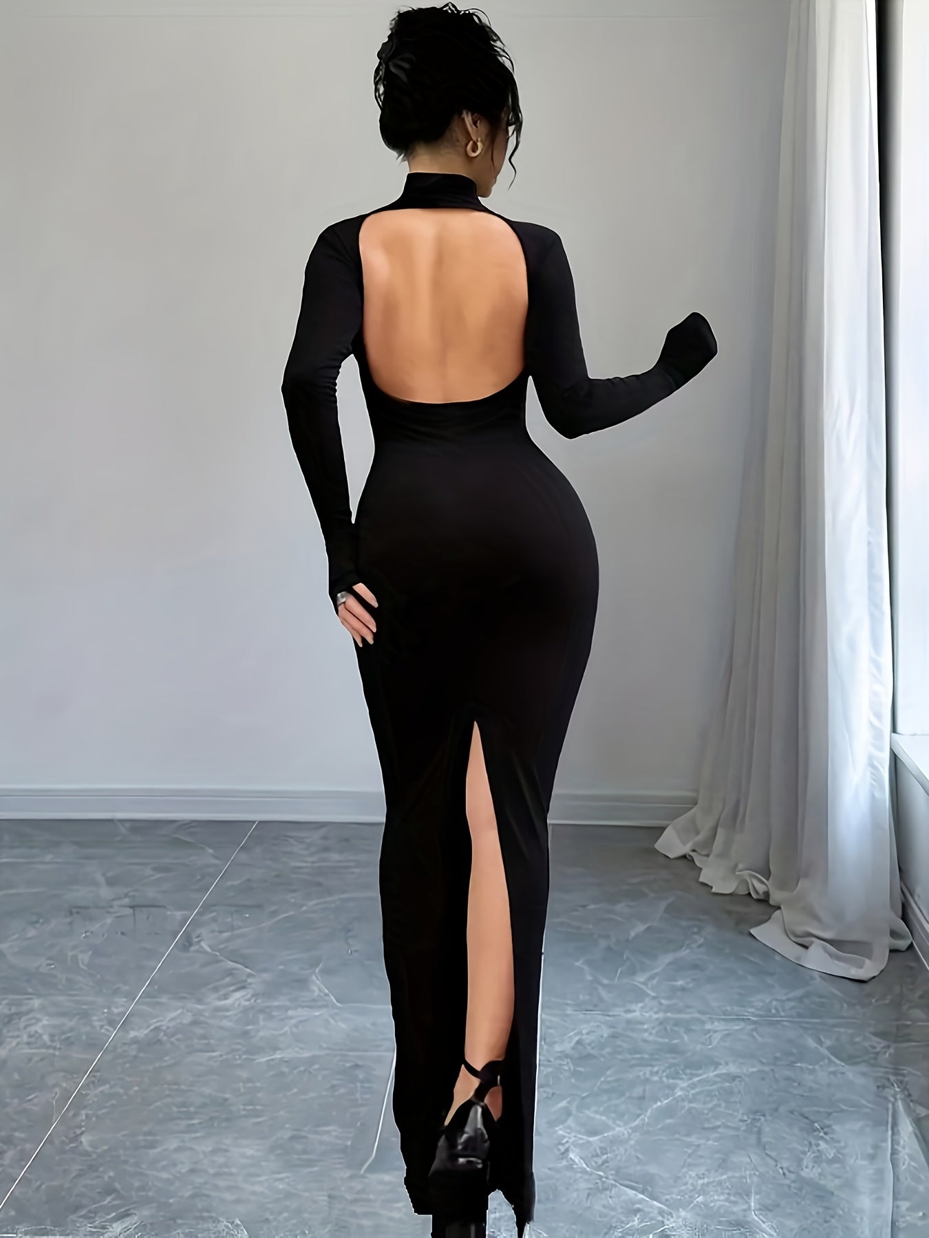 Elegant Long Sleeve Bodycon Dress - Round Neck, Backless Design, Stretch Polyester Fabric, Machine Washable - Perfect for All Seasons, Form-Fitting Maxi Dress for Women, Tight Fitted Dress